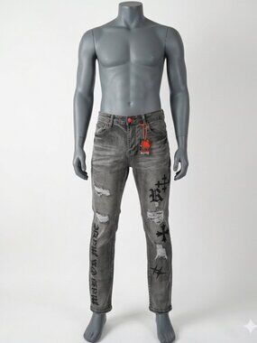 GSTR Distressed Denim With Patches and Graphic Designs, Gothic Style 34x32